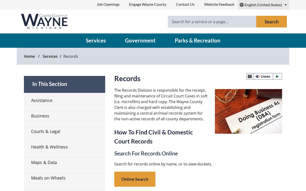 Wayne County residents directory Clerk Records Division access page