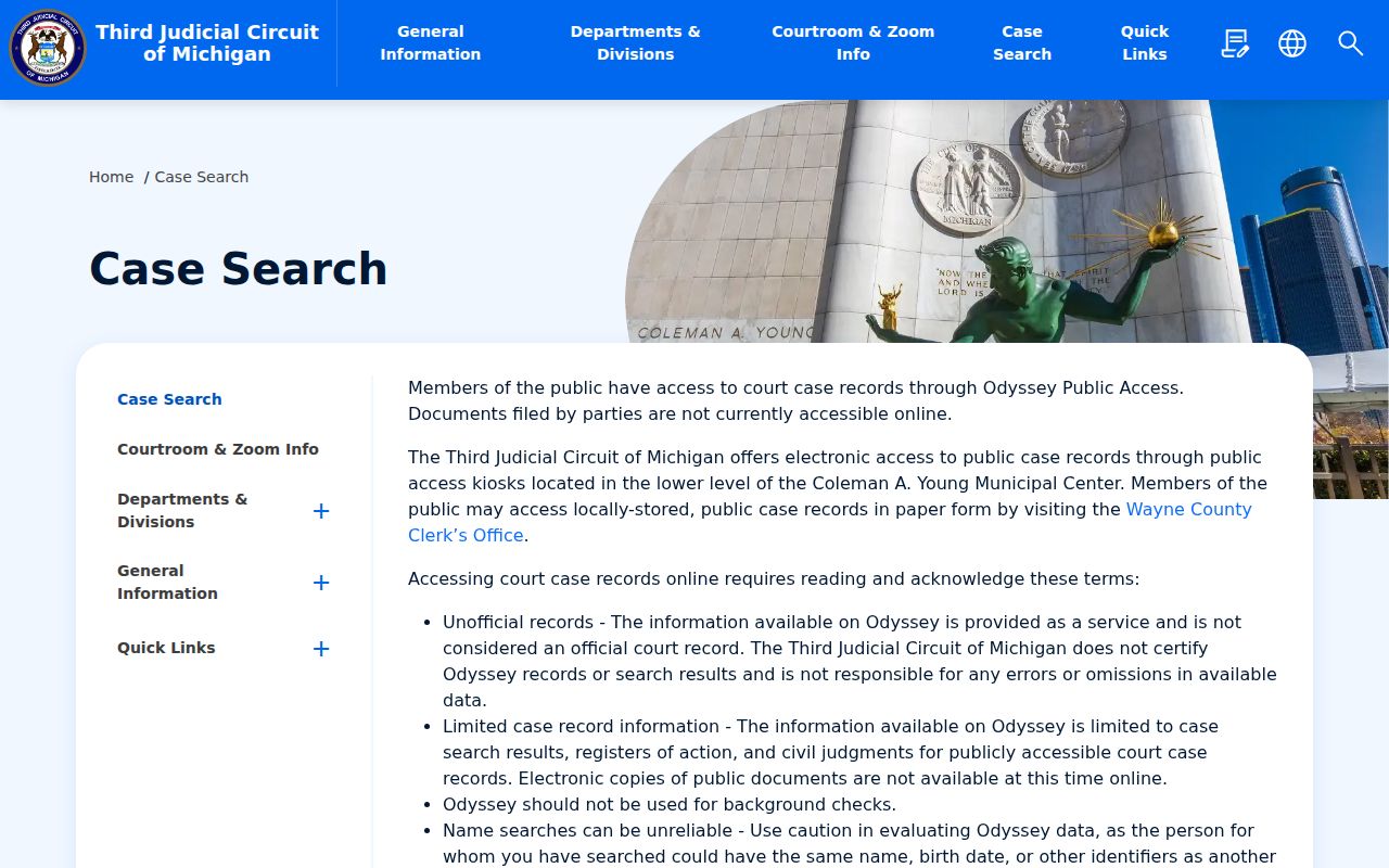 Wayne County resident lookup Third Judicial Circuit Odyssey case search categories